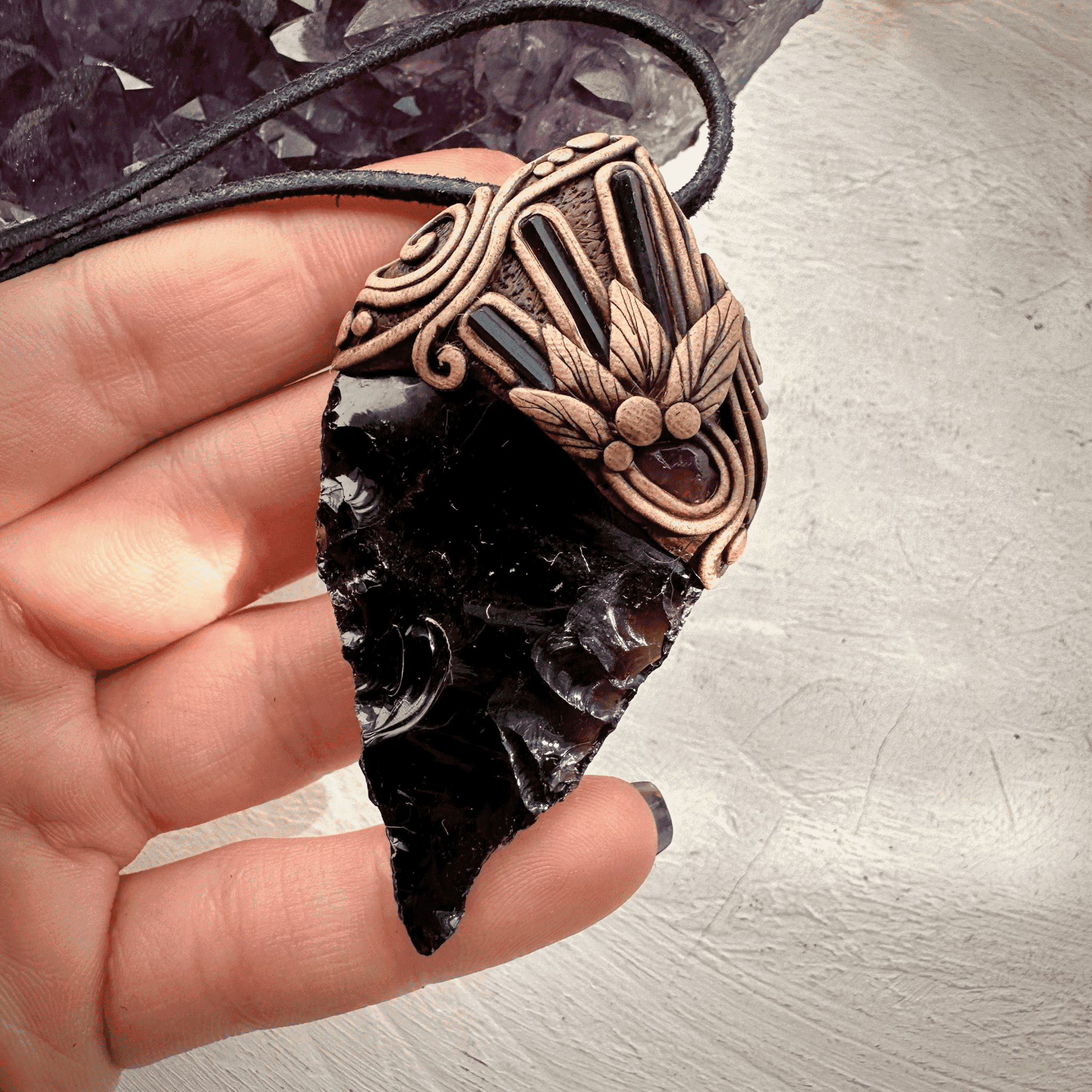 Black Obsidian Arrowhead Blue Tourmaline and Rhodolite Garnet Pendant Necklace - FairyGardenGlow