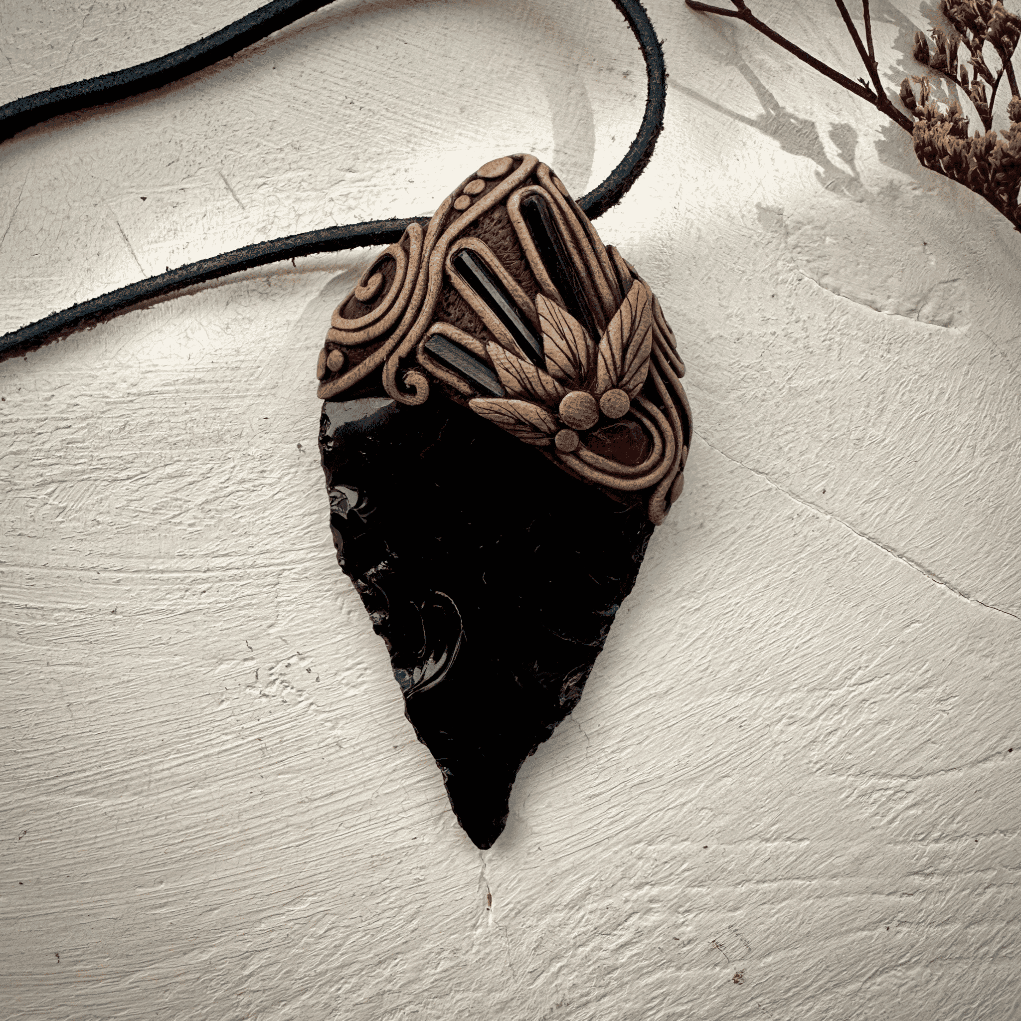 Black Obsidian Arrowhead Blue Tourmaline and Rhodolite Garnet Pendant Necklace - FairyGardenGlow