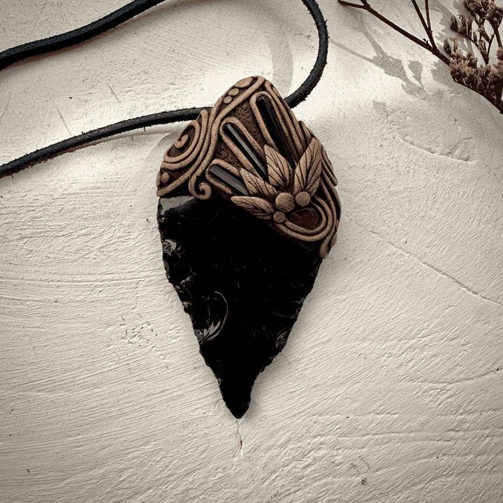 Black Obsidian Arrowhead Blue Tourmaline and Rhodolite Garnet Pendant Necklace - FairyGardenGlow