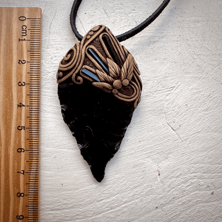 Black Obsidian Arrowhead Blue Tourmaline and Rhodolite Garnet Pendant Necklace - FairyGardenGlow
