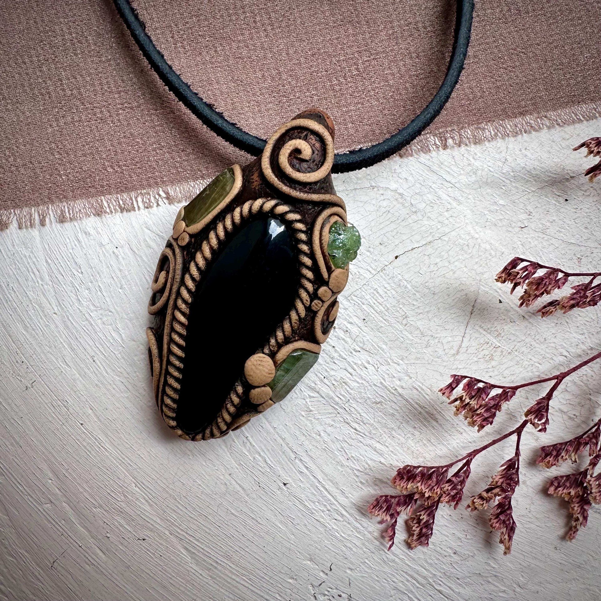 Black Obsidian with Green Tourmaline and Tsavorite Pendant Necklace - FairyGardenGlow