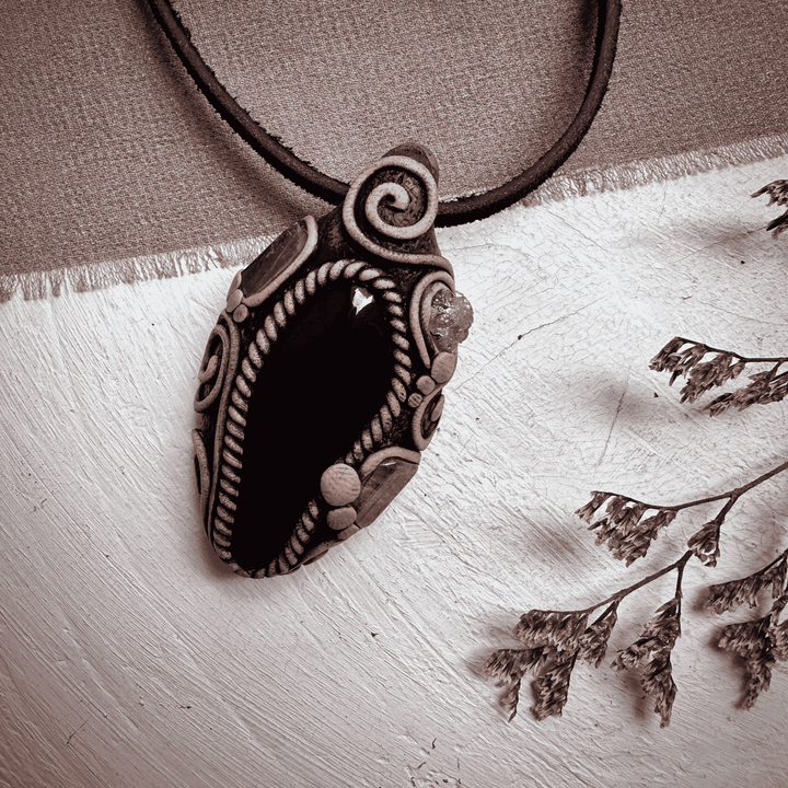 Black Obsidian with Green Tourmaline and Tsavorite Pendant Necklace - FairyGardenGlow