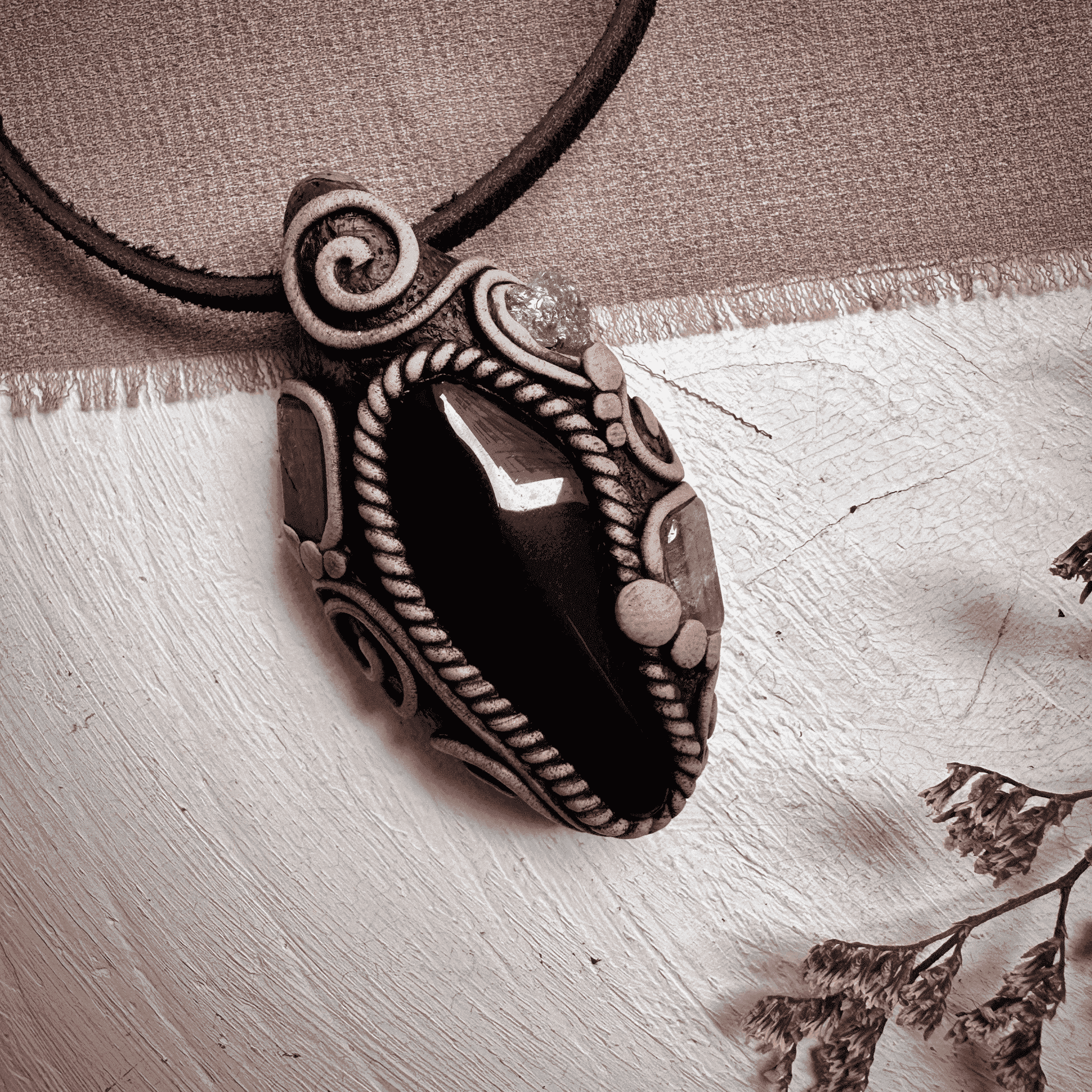 Black Obsidian with Green Tourmaline and Tsavorite Pendant Necklace - FairyGardenGlow