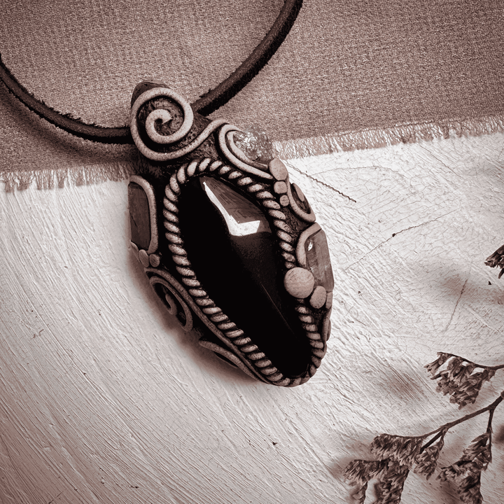 Black Obsidian with Green Tourmaline and Tsavorite Pendant Necklace - FairyGardenGlow