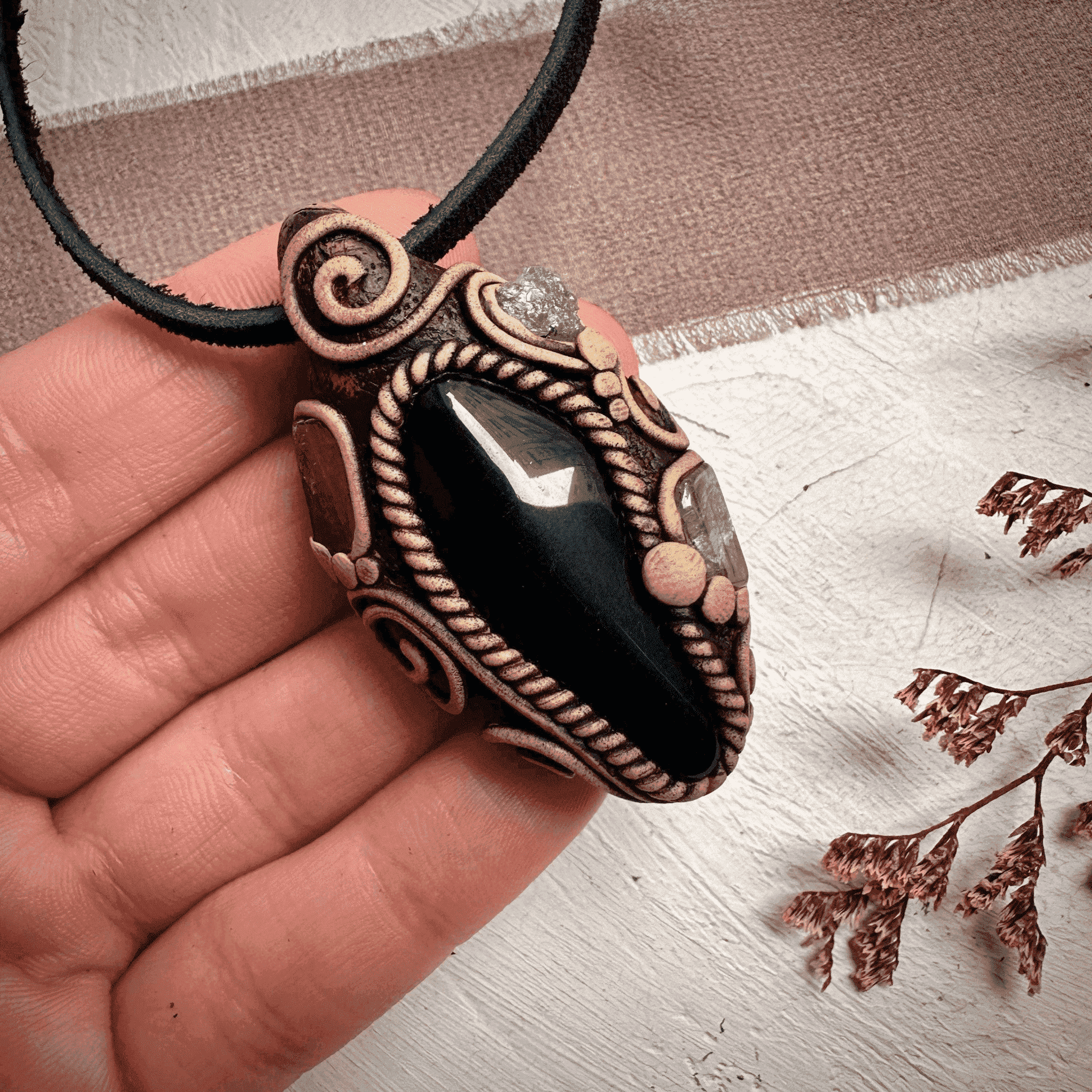 Black Obsidian with Green Tourmaline and Tsavorite Pendant Necklace - FairyGardenGlow