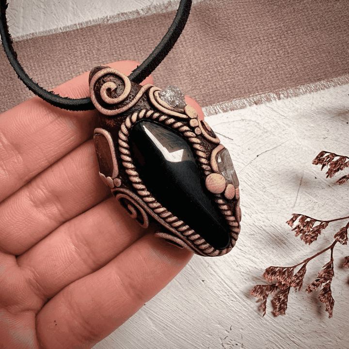 Black Obsidian with Green Tourmaline and Tsavorite Pendant Necklace - FairyGardenGlow