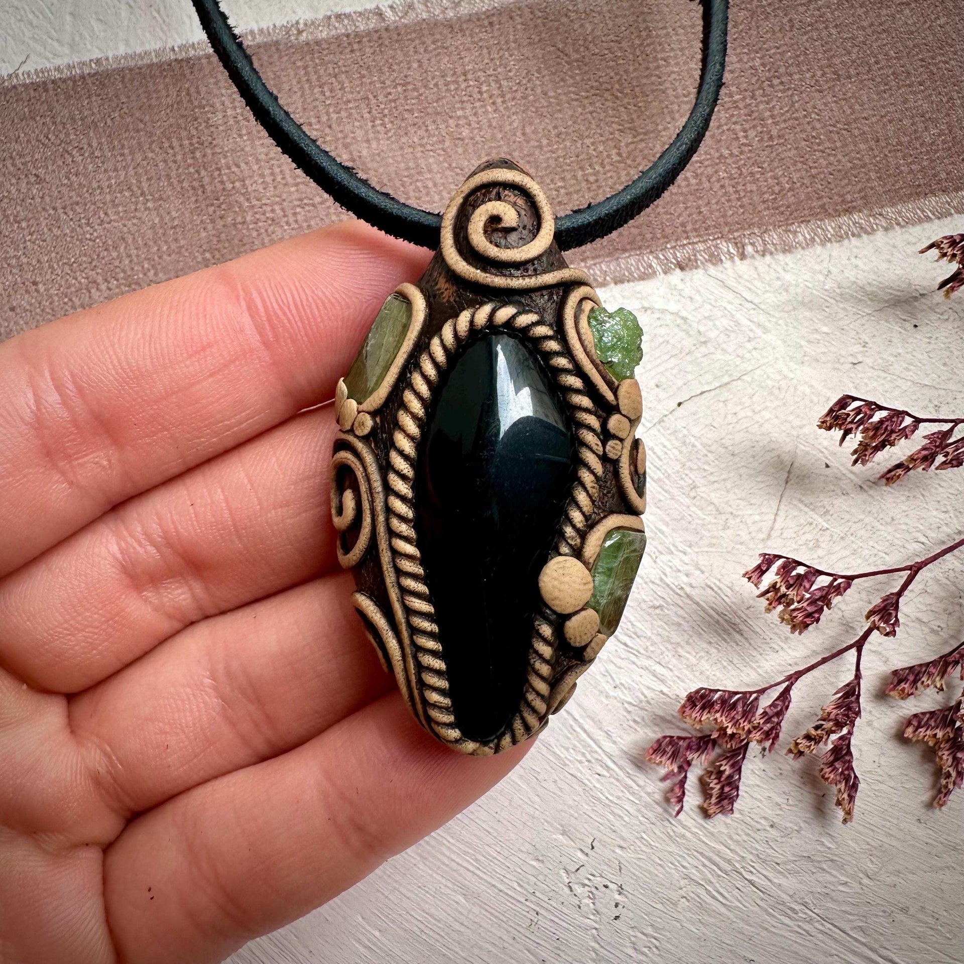 Black Obsidian with Green Tourmaline and Tsavorite Pendant Necklace - FairyGardenGlow