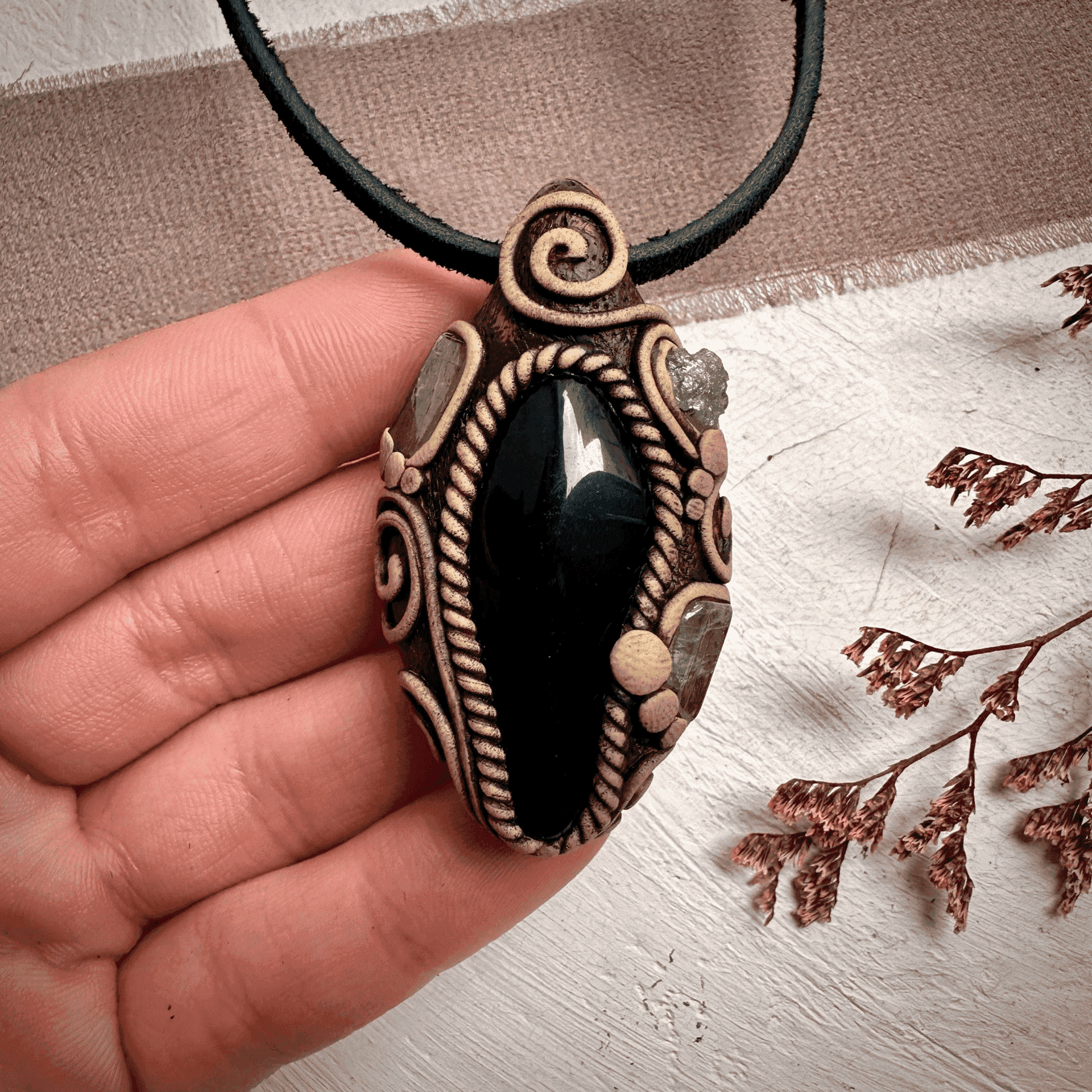 Black Obsidian with Green Tourmaline and Tsavorite Pendant Necklace - FairyGardenGlow