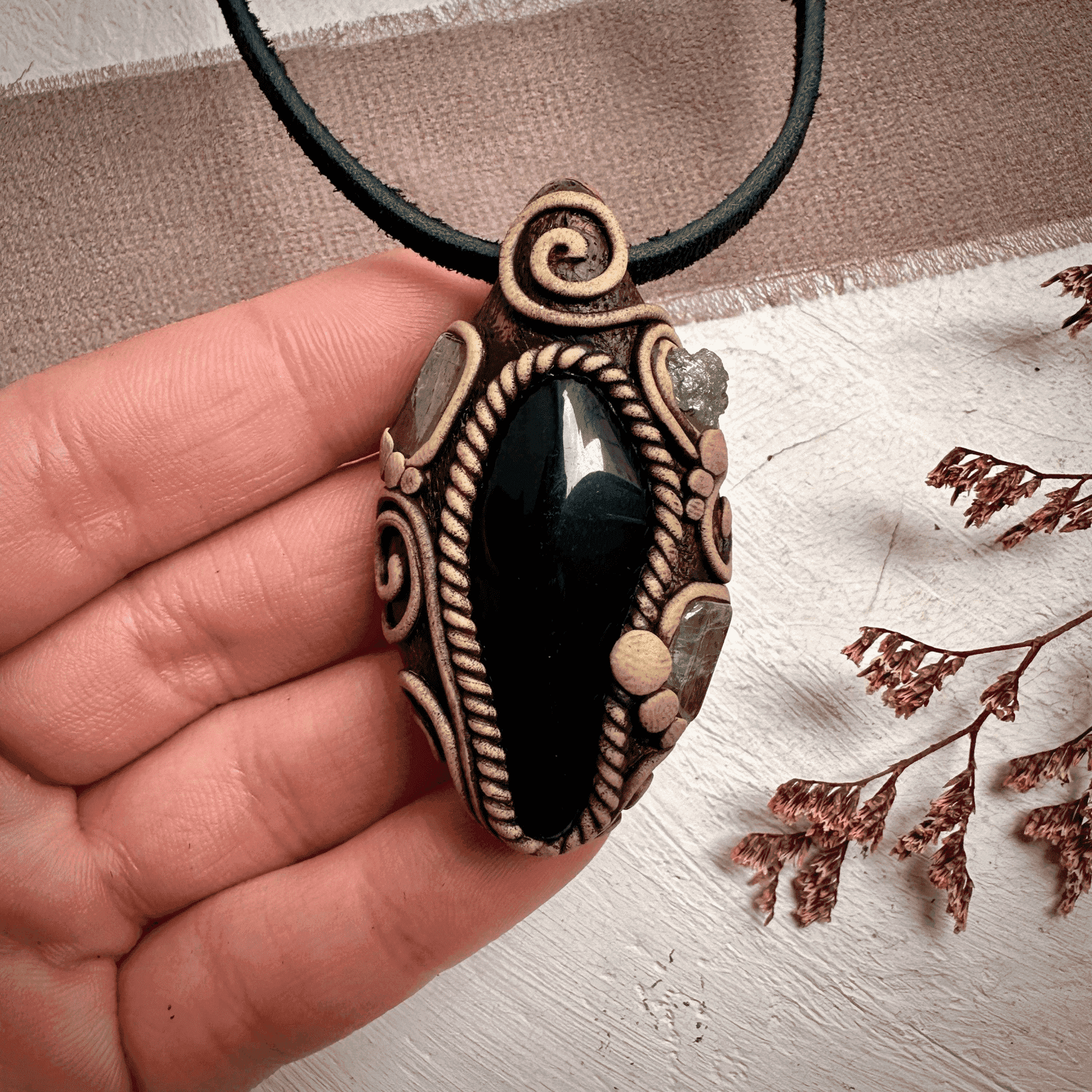 Black Obsidian with Green Tourmaline and Tsavorite Pendant Necklace - FairyGardenGlow