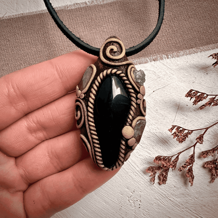 Black Obsidian with Green Tourmaline and Tsavorite Pendant Necklace - FairyGardenGlow