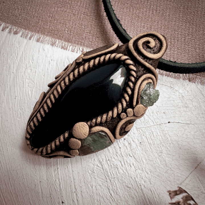 Black Obsidian with Green Tourmaline and Tsavorite Pendant Necklace - FairyGardenGlow