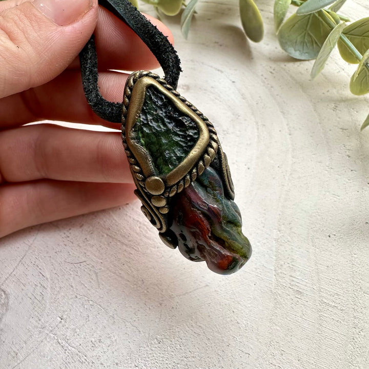 Moldavite and bloodstone unisex spiritual jewelry