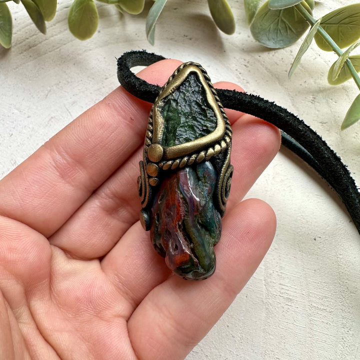 Bloodstone and moldavite unisex pendant necklace