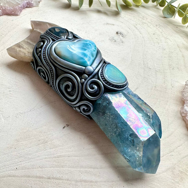 Handmade energy healing wand with aqua aura quartz and moonstone moon