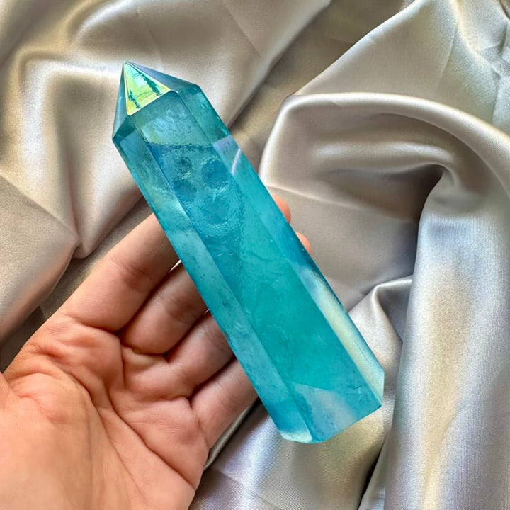 Aqua Aura Quartz Tower – Polished Blue Quartz Crystal Point for Energy Cleansing, Calm & Spiritual Growth - FairyGardenGlow