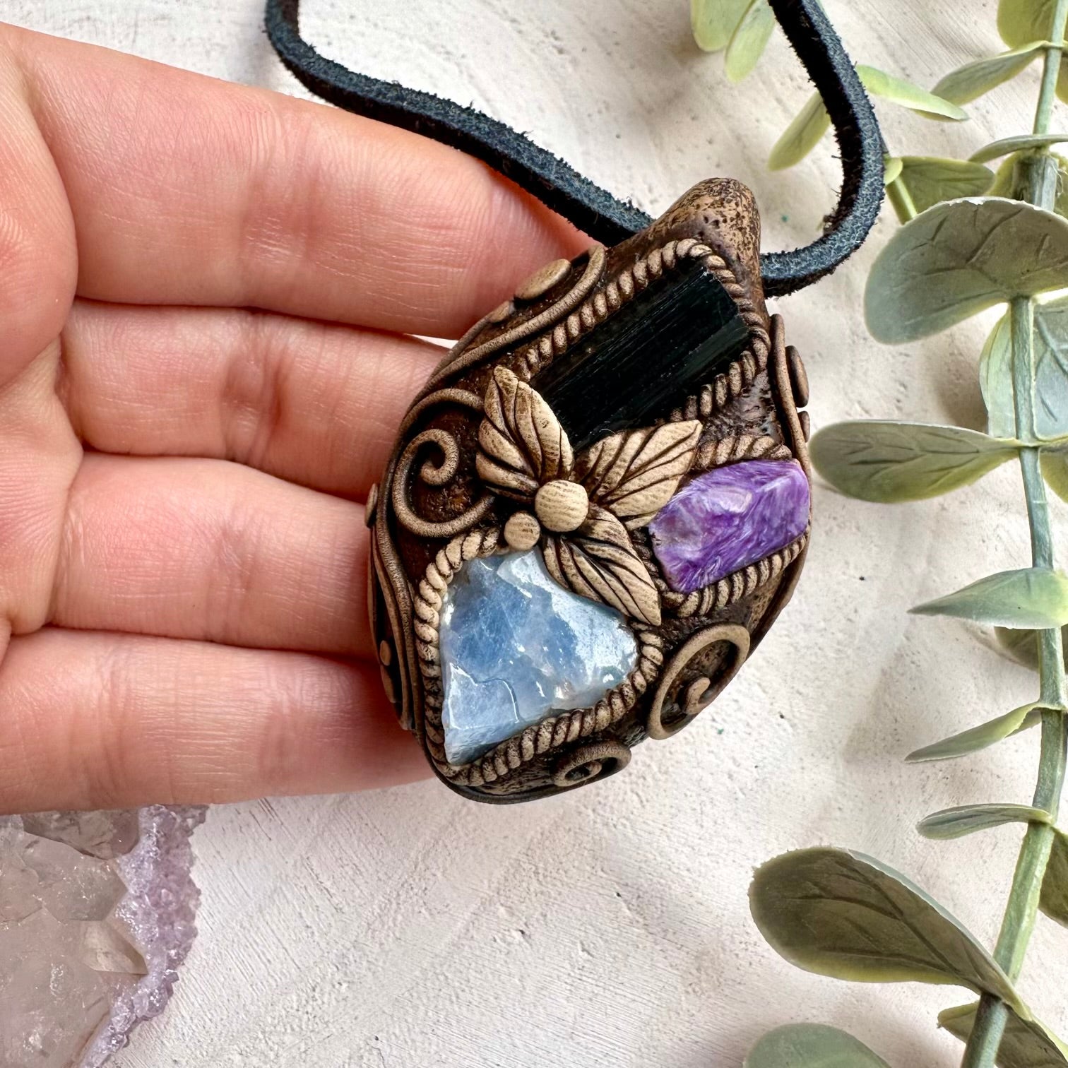 Blue calcite with black tourmaline and charoite pendant necklace