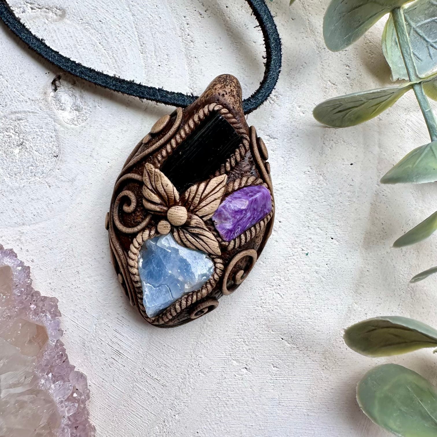 Handmade necklace with blue calcite black tourmaline and charoite