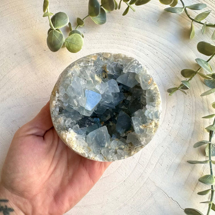 Large blue celestite crystal sphere specimen