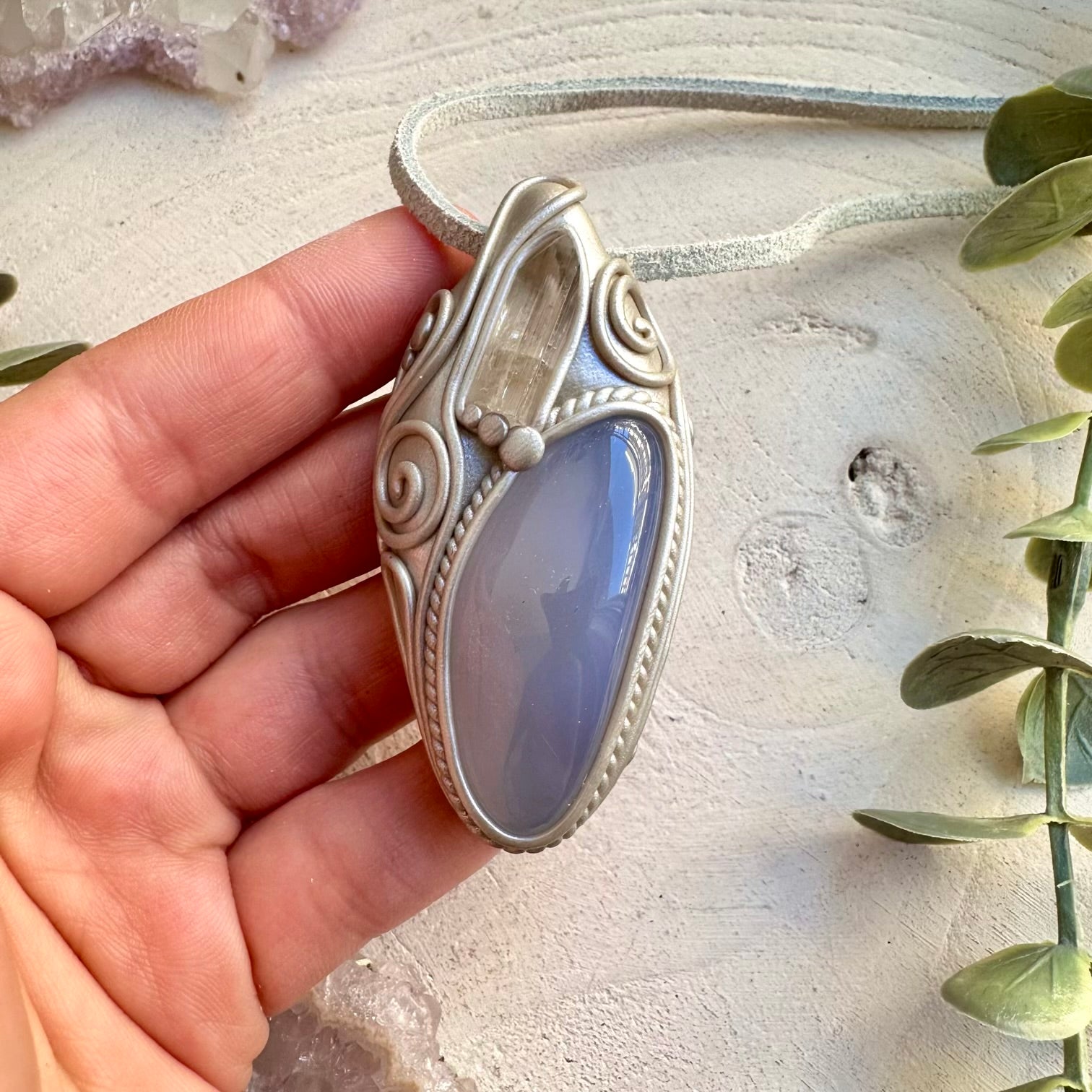 Blue chalcedony and danburite pendant necklace
