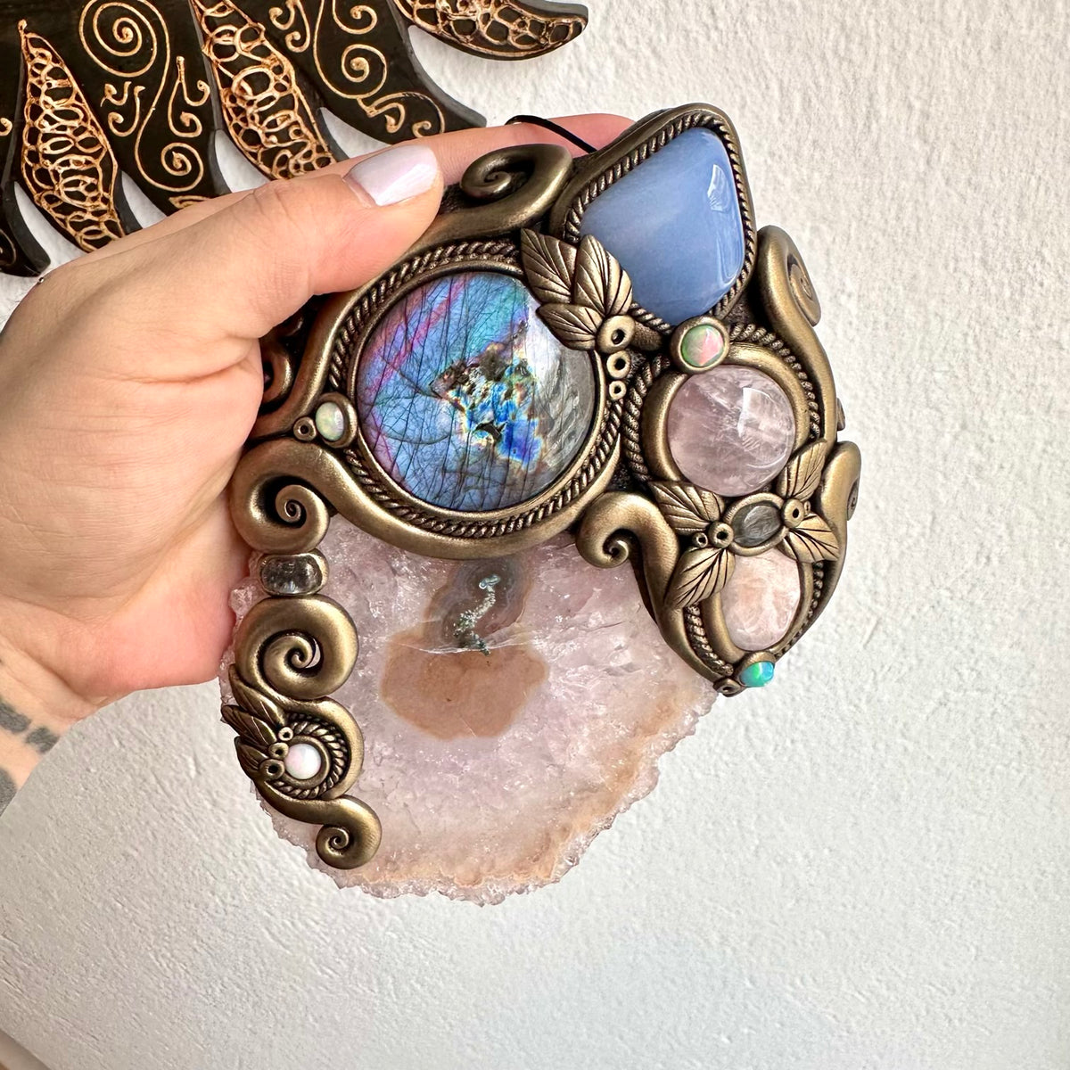 One of a kind crystal wall hanging featuring Amethyst Stalactite, soft pink Morganite and iridescent Purple Labradorite.