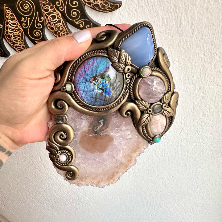 One of a kind crystal wall hanging featuring Amethyst Stalactite, soft pink Morganite and iridescent Purple Labradorite.