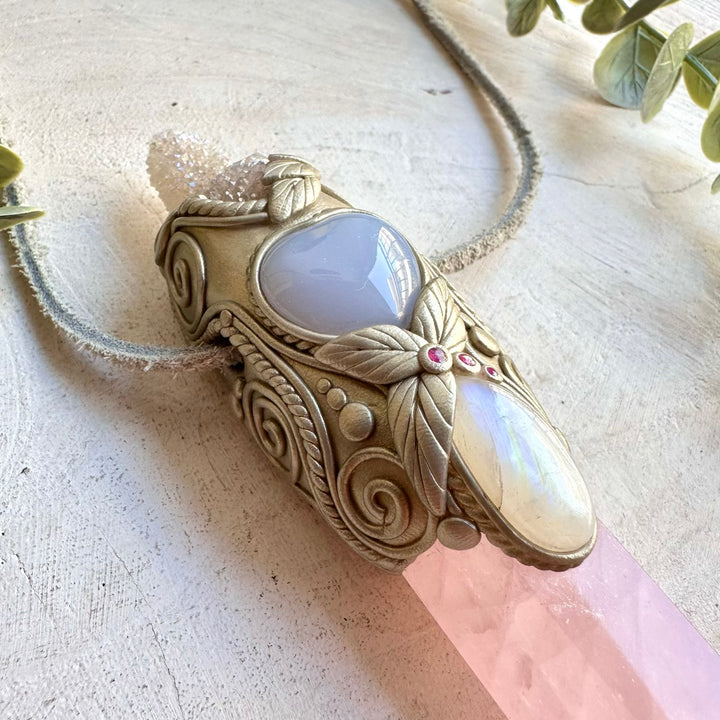 Handmade energy healing tool crafted with Rose Quartz, Angel Aura Spirit Quartz, Moonstone and Ruby.