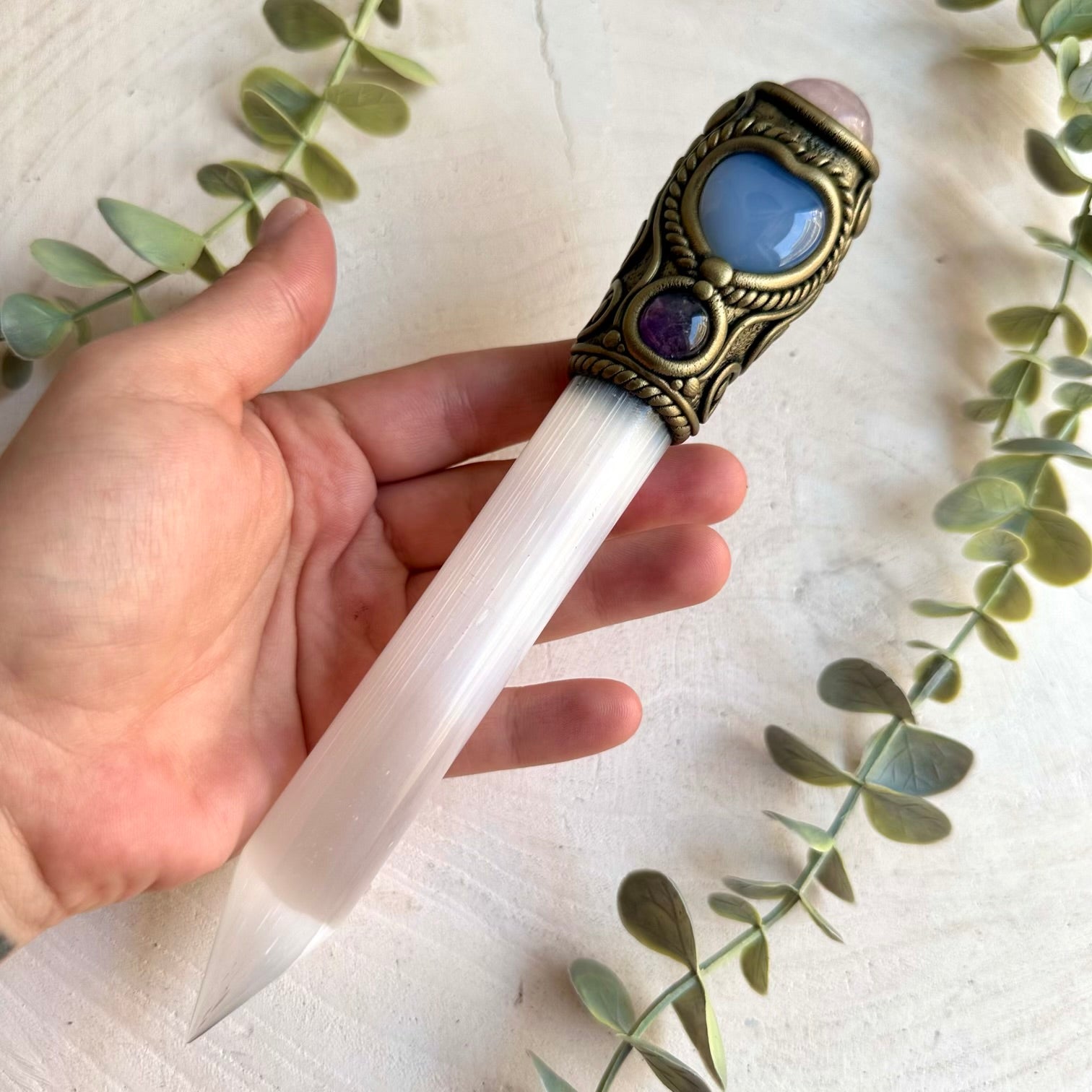 Handmade energy healing tool combining Selenite, Rose Quartz, Blue Chalcedony and Amethyst.
