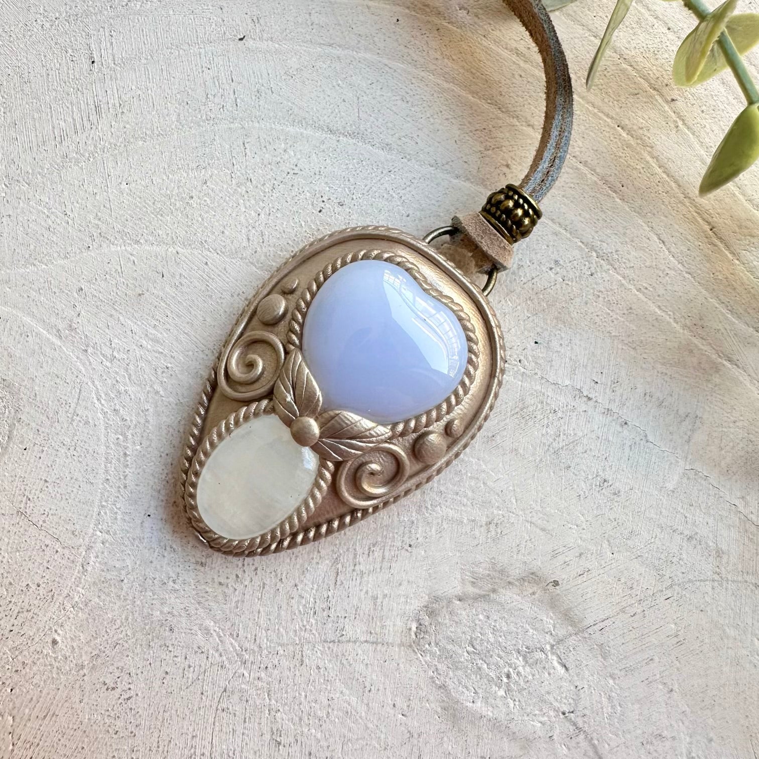 Blue Chalcedony heart and Moonstone necklace handmade boho crystal jewelry with natural gemstones