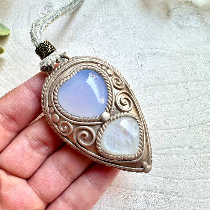 Metaphysical boho jewelry blue chalcedony moonstone heart necklace