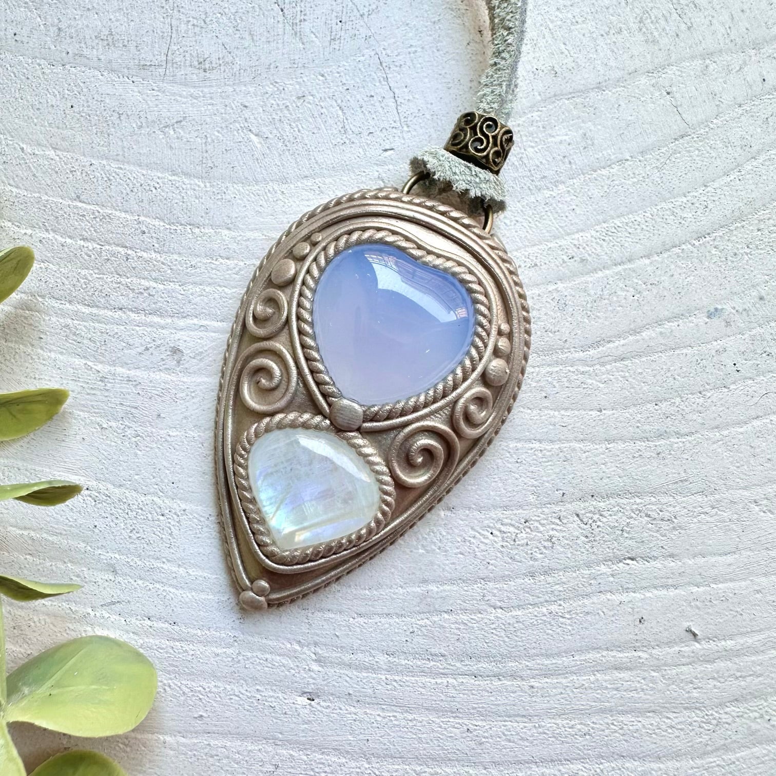 Blue Chalcedony Heart and Moonstone pendant