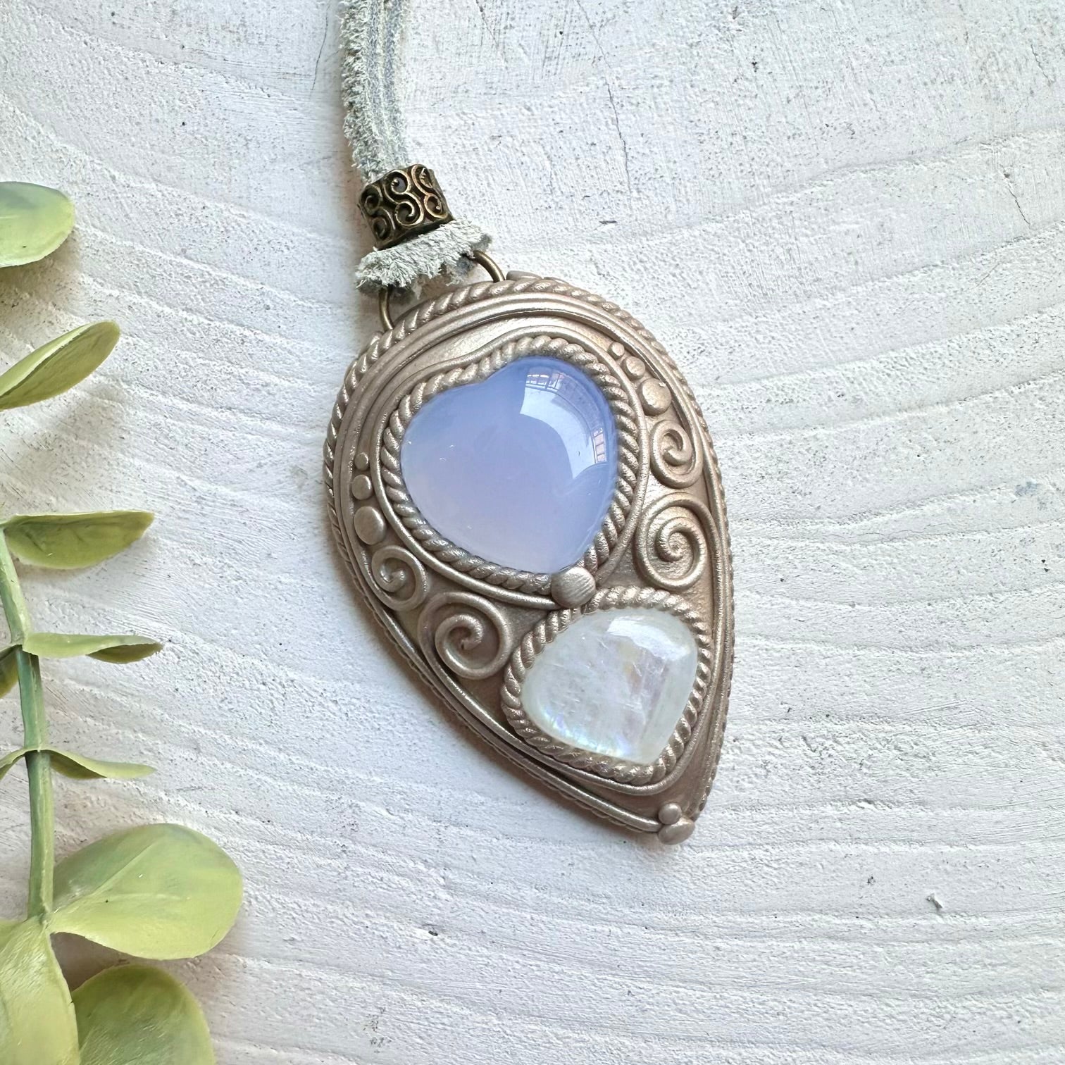 Blue Chalcedony Heart and Moonstone pendant necklace