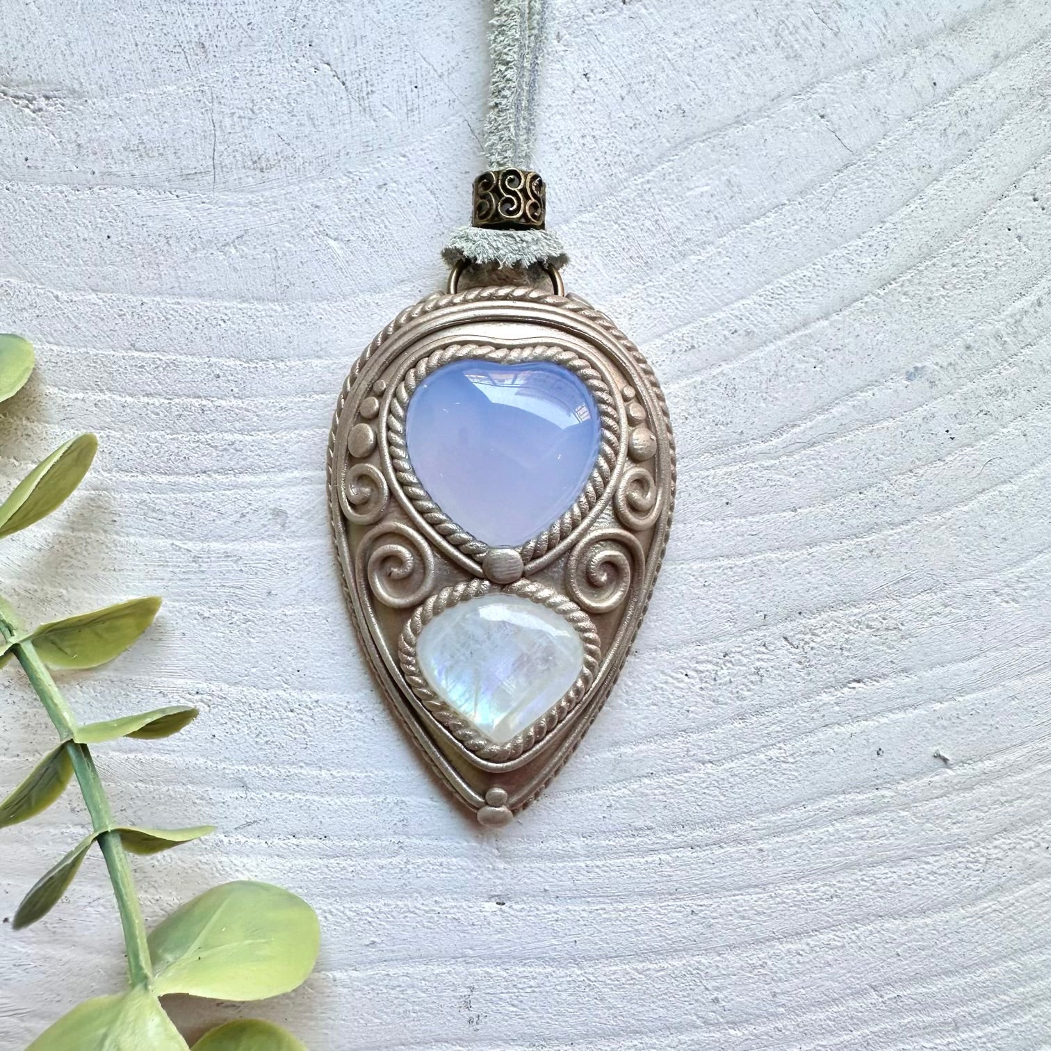 Blue Chalcedony Heart and Moonstone pendant necklace handmade boho crystal jewelry