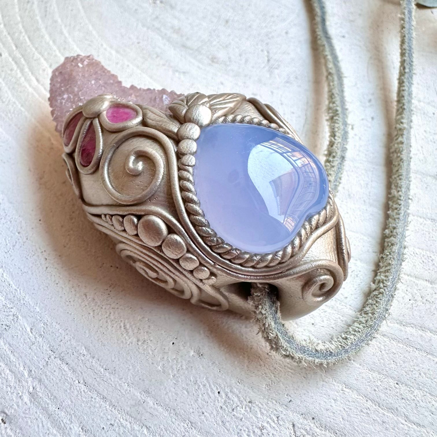 Handmade gemstone wand necklace blue chalcedony and pink tourmaline jewelry