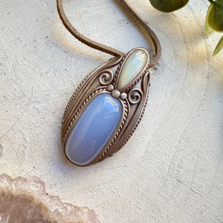 Blue chalcedony and rainbow moonstone necklace