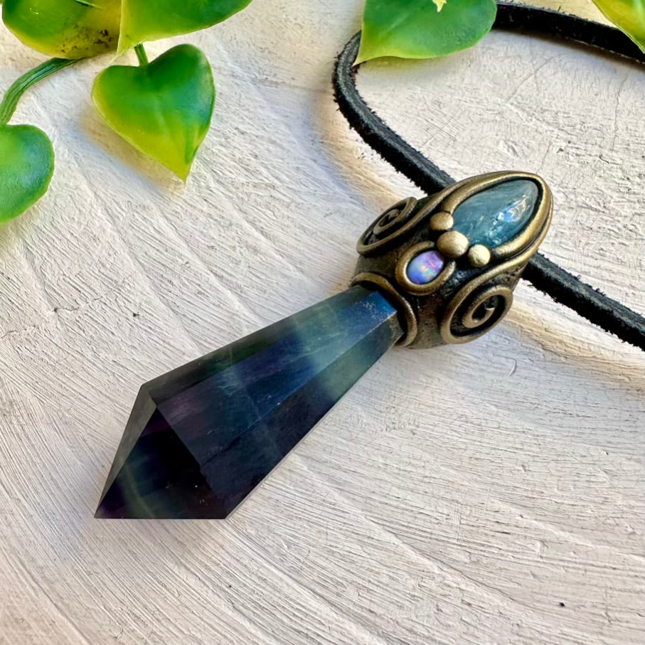 Boho crystal necklace with Fluorite, Aquamarine and Australian Opal