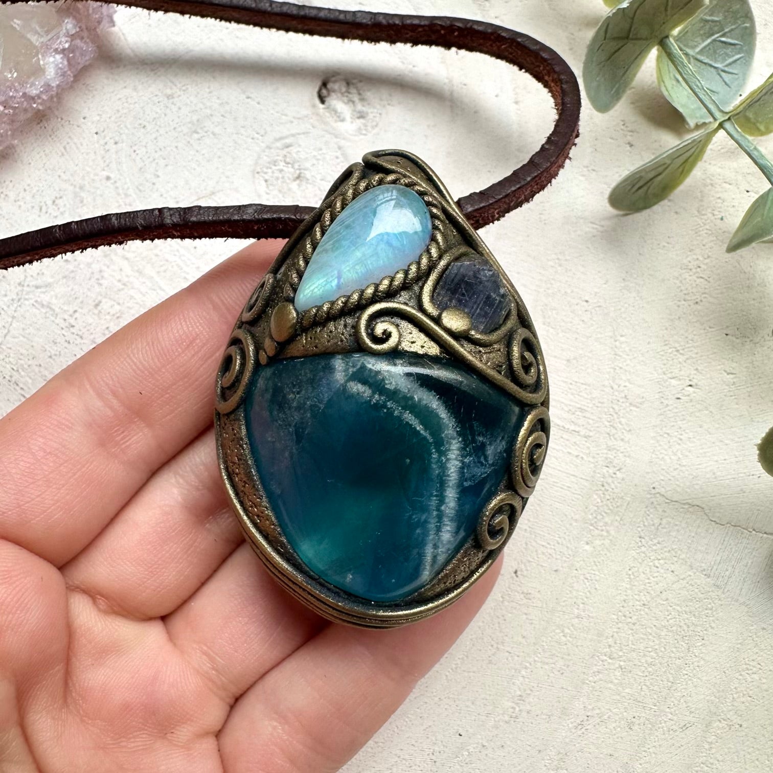 Blue fluorite rainbow moonstone and tanzanite necklace handmade crystal pendant