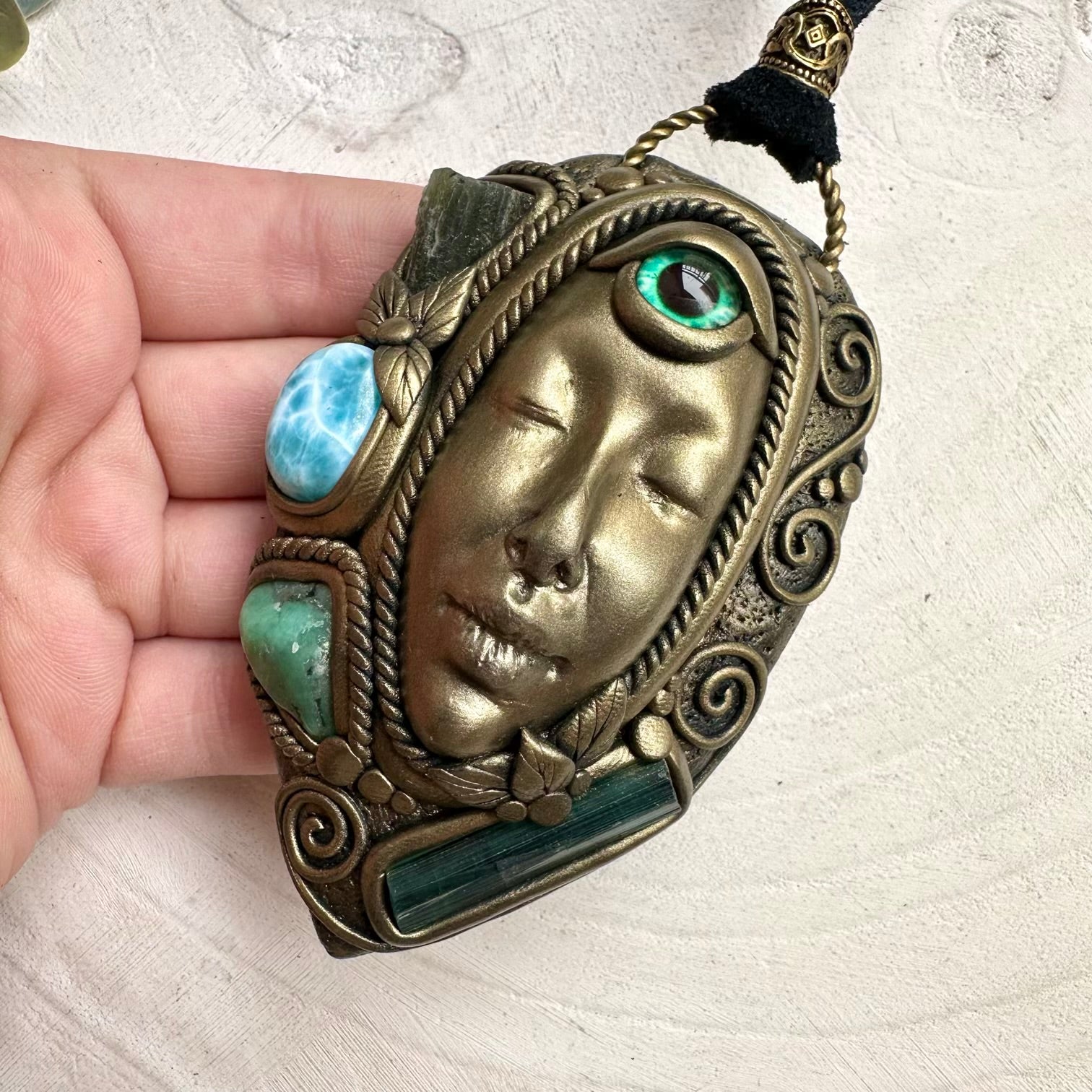 Handmade goddess necklace with moldavite and larimar gemstones