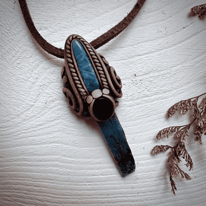 Blue Kyanite Aquamarine and Black Onyx Pendant Necklace - FairyGardenGlow