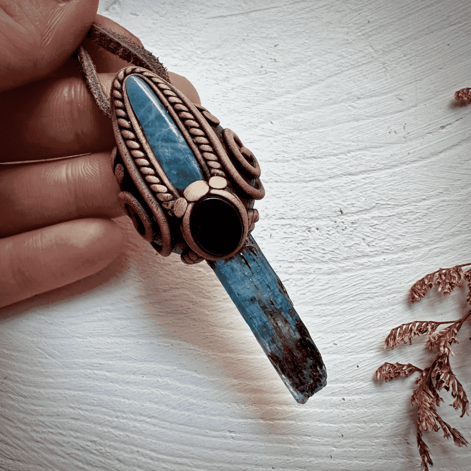 Blue Kyanite Aquamarine and Black Onyx Pendant Necklace - FairyGardenGlow