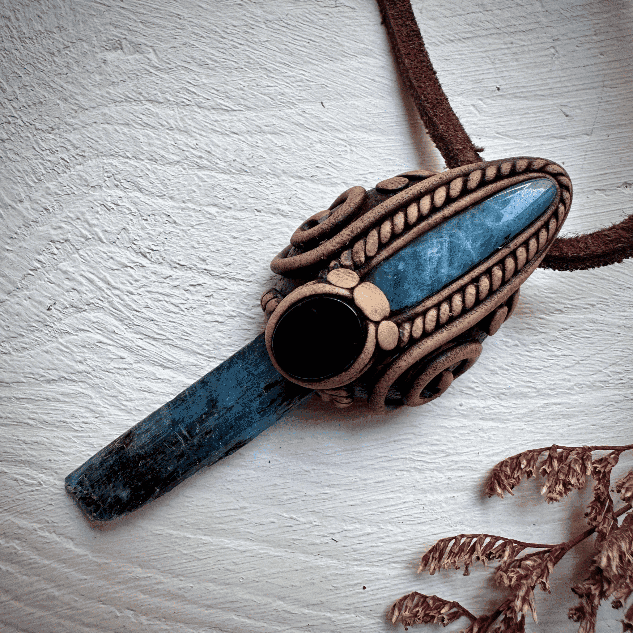 Blue Kyanite Aquamarine and Black Onyx Pendant Necklace - FairyGardenGlow