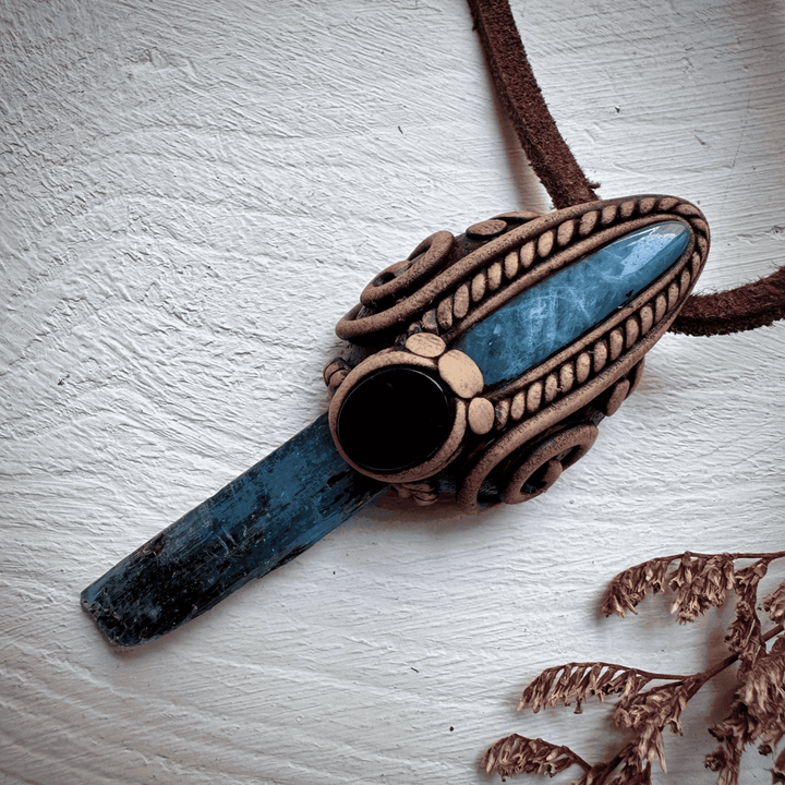 Blue Kyanite Aquamarine and Black Onyx Pendant Necklace - FairyGardenGlow