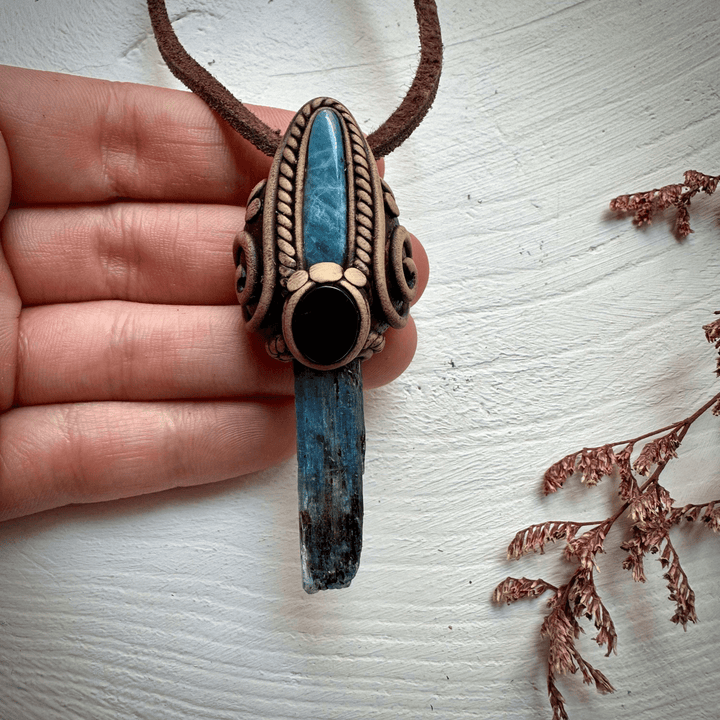 Blue Kyanite Aquamarine and Black Onyx Pendant Necklace - FairyGardenGlow