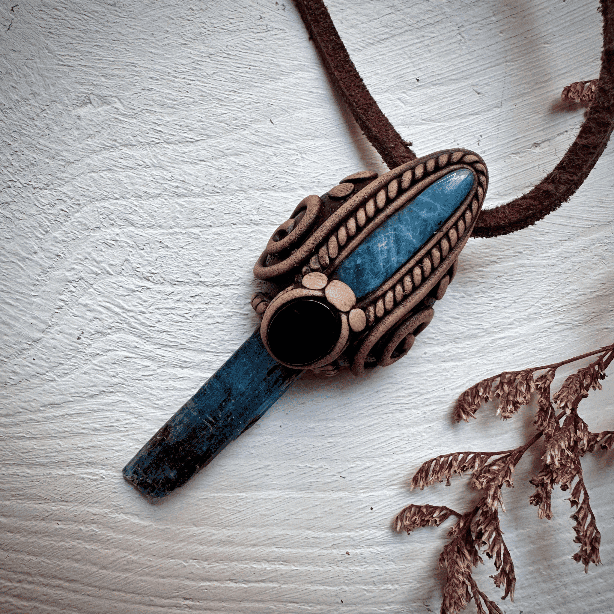 Blue Kyanite Aquamarine and Black Onyx Pendant Necklace - FairyGardenGlow