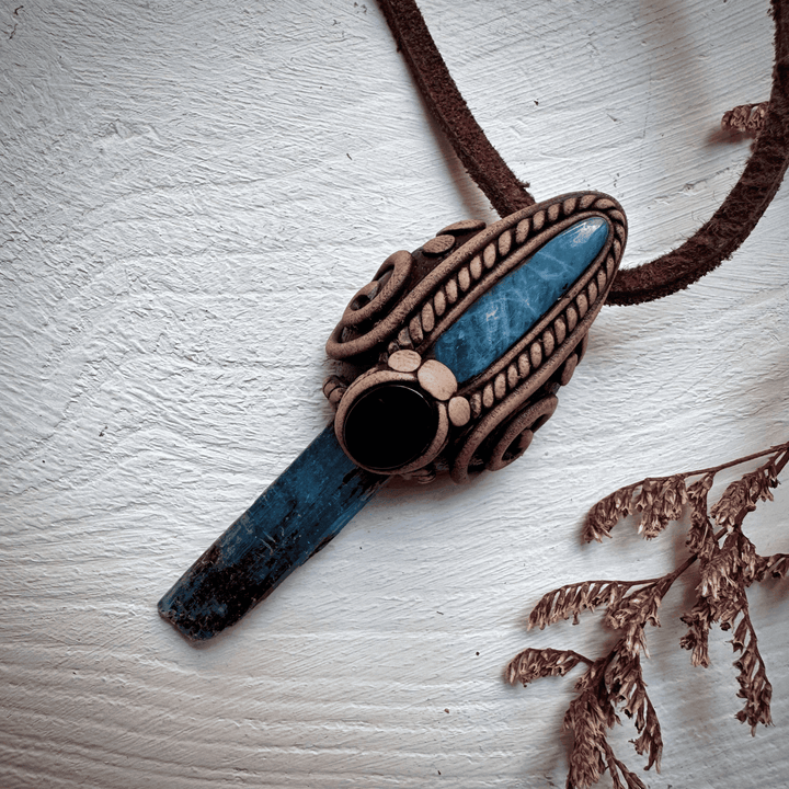 Blue Kyanite Aquamarine and Black Onyx Pendant Necklace - FairyGardenGlow