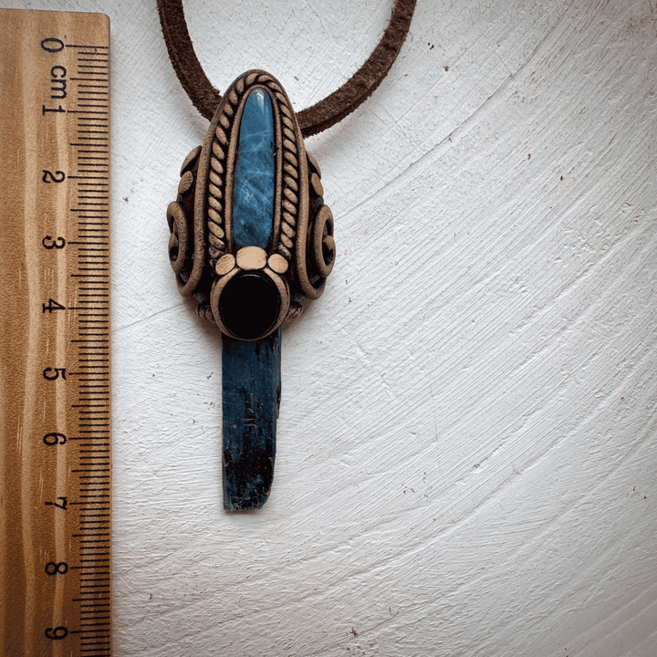 Blue Kyanite Aquamarine and Black Onyx Pendant Necklace - FairyGardenGlow