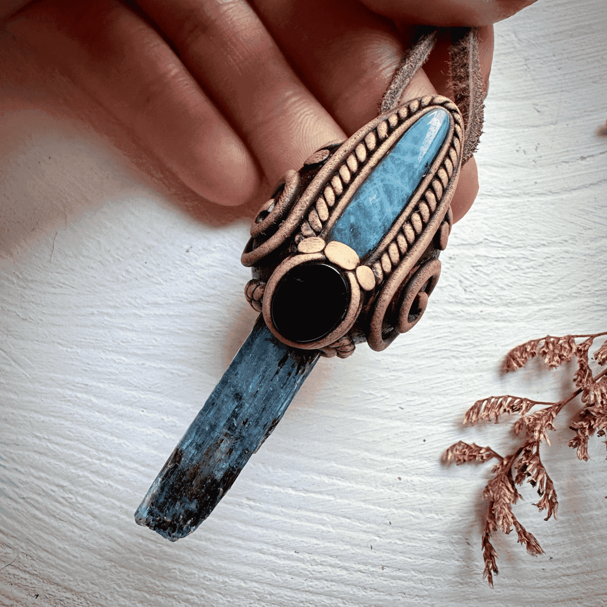 Blue Kyanite Aquamarine and Black Onyx Pendant Necklace - FairyGardenGlow