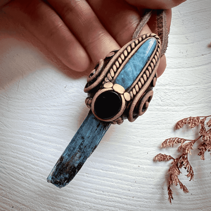 Blue Kyanite Aquamarine and Black Onyx Pendant Necklace - FairyGardenGlow