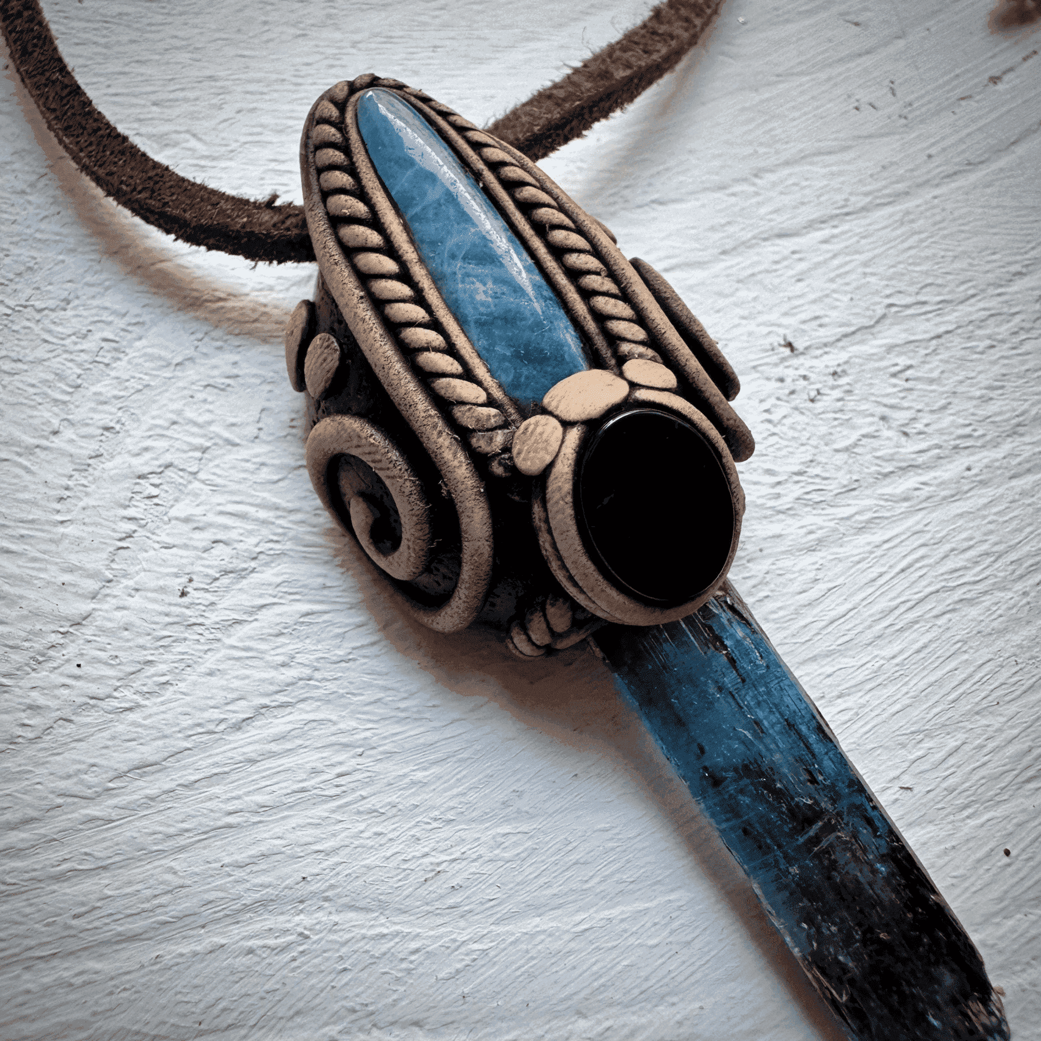 Blue Kyanite Aquamarine and Black Onyx Pendant Necklace - FairyGardenGlow