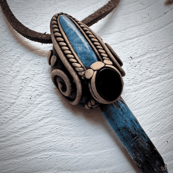 Blue Kyanite Aquamarine and Black Onyx Pendant Necklace - FairyGardenGlow
