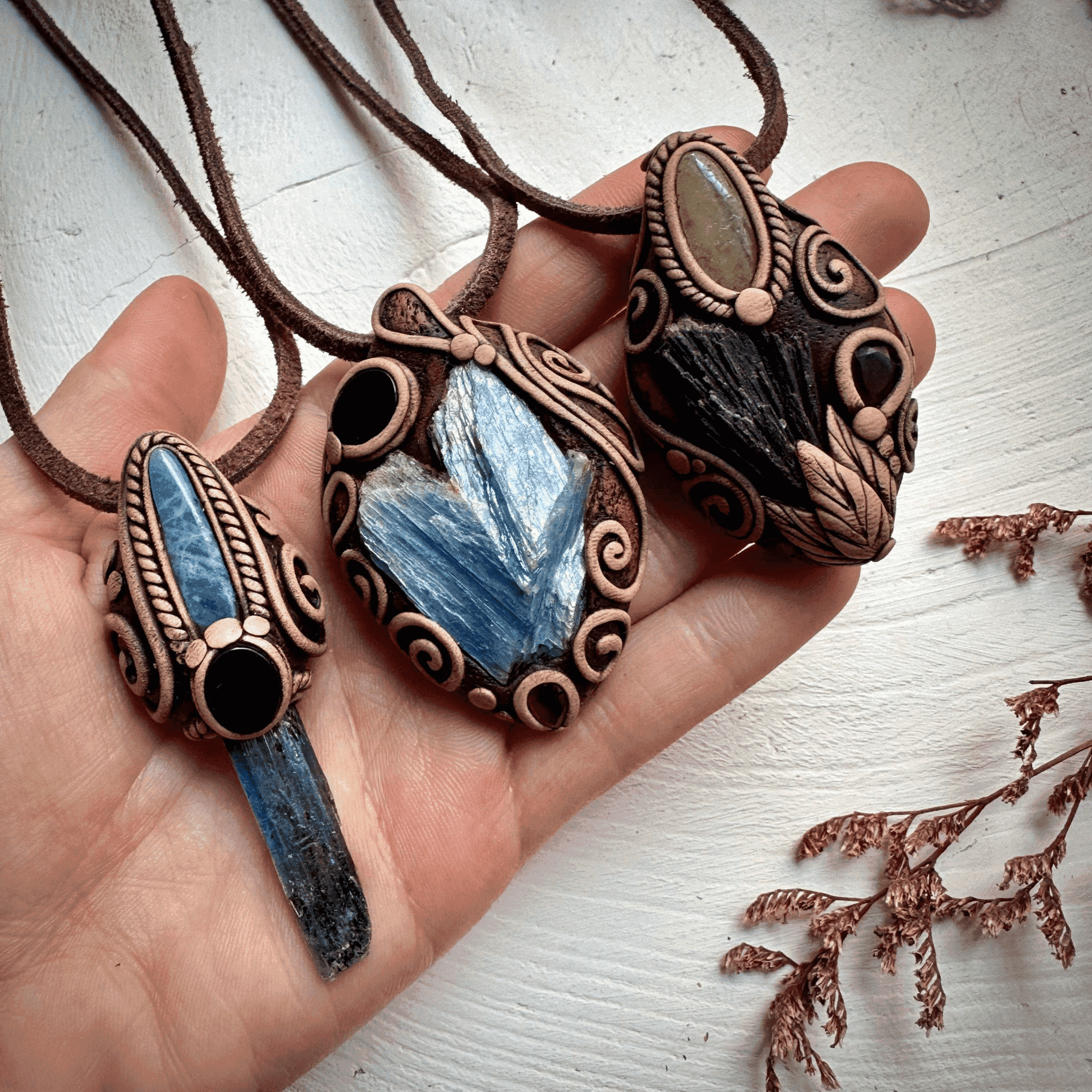 Blue Kyanite Aquamarine and Black Onyx Pendant Necklace - FairyGardenGlow